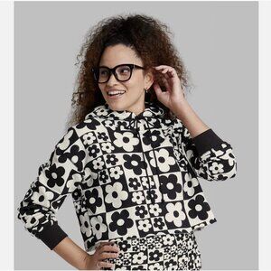 Wild Fable Cropped Hooded Sweatshirt | Black & White Daisy Check | Size L